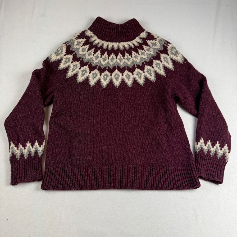 LL Bean Lambs Wool Knit Cardigan Sweater Zip Fair Isle Burgundy Size XL - Picture 2 of 9